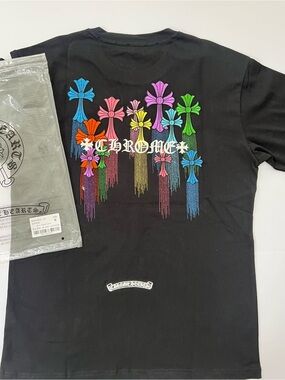 Chrome Hearts Black Tee with Multicolor Dripping Crosses